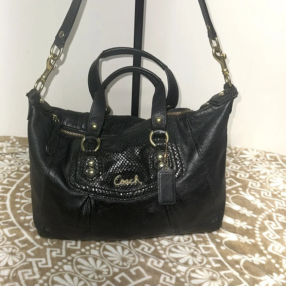 Coach Ashley Black Leather Python Snakeskin Satchel Shoulder Tote F19247 Purse - Picture 1 of 12